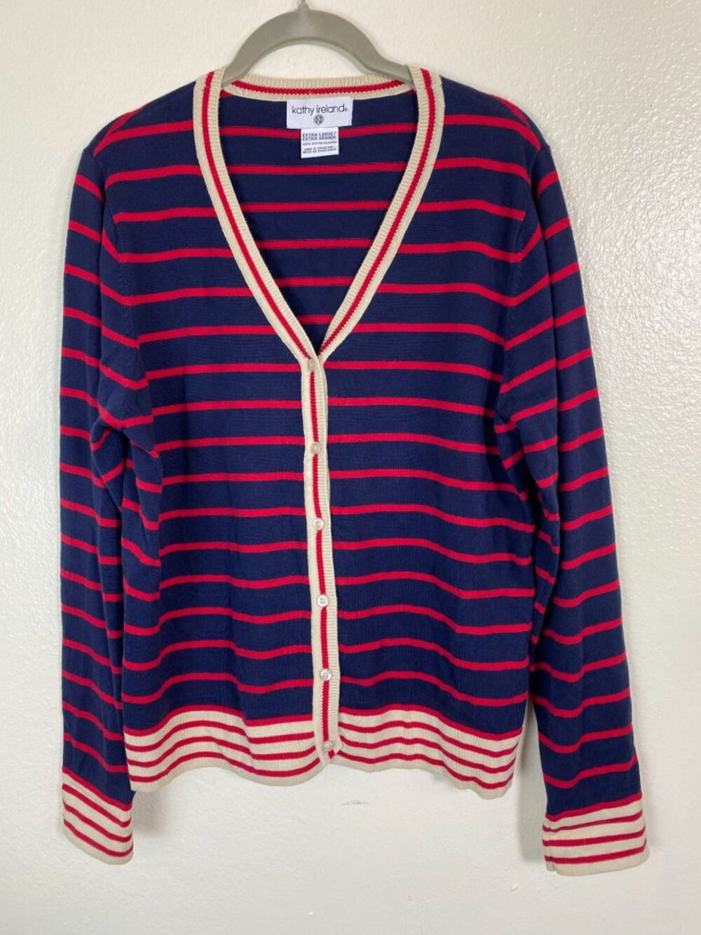 kathy ireland Navy Blue and Red Striped Cardigan with Cream Trim